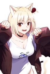 Rule 34 | 1girl, animal ear fluff, animal ears, black choker, blonde hair, blush, breasts, brown jacket, cat ears, cat girl, cat tail, choker, cleavage, collarbone, commentary, fang, hair between eyes, hair ribbon, hyoe (hachiechi), jacket, large breasts, looking at viewer, lower teeth only, lycoris recoil, medium hair, nishikigi chisato, one side up, open clothes, open jacket, open mouth, paw pose, red eyes, red ribbon, ribbon, shirt, simple background, smile, solo, tail, teeth, white background, white shirt