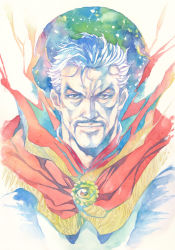 Rule 34 | 1boy, agahari, brown eyes, calligraphy brush (medium), cape, closed mouth, colored pencil (medium), doctor strange, eye of agamotto, facial hair, highres, looking at viewer, male focus, manly, marvel, mustache, portrait, red cape, solo, traditional media, upper body, white hair, wizard