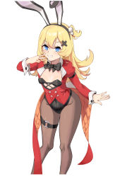 Rule 34 | 1girl, abercrombie (azur lane), abercrombie (mischief on the rocks) (azur lane), absurdres, animal ears, azur lane, black bow, black bowtie, black leotard, black pantyhose, blonde hair, blue eyes, bow, bowtie, breasts, bx (zhileng yasuoji), cloak, covered navel, cropped legs, fake animal ears, hair ornament, hairclip, highres, jacket, leotard, long hair, looking at viewer, official alternate costume, open mouth, pantyhose, playboy bunny, rabbit ears, red jacket, small breasts, smile, solo, standing, teeth, v, white background