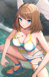 Rule 34 | 1girl, absurdres, angel wings, beach, bikini, blue bikini, blue eyes, blush, breasts, brown hair, cleavage, eunie (xenoblade), feet, gonzarez, highres, large breasts, legs, looking at viewer, navel, ocean, open mouth, sarong, short hair, solo, squatting, swimsuit, thighs, thong bikini, water, wet, wings, xenoblade chronicles (series), xenoblade chronicles 3