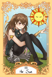Rule 34 | 1girl, absurdres, black pantyhose, blue sky, brown hair, dress, earrings, english text, girls&#039; frontline, hair ornament, highres, huge filesize, jewelry, long hair, looking at viewer, no shoes, pantyhose, ring, roman numeral, scar, scar across eye, scar on face, shirt, simple background, sitting, sitting on lap, sitting on person, skirt, sky, smile, solo, stigmamyu, sun, tarot, tarot (medium), the sun (tarot), two side up, ump9 (girls&#039; frontline), white skirt