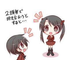 Rule 34 | 2girls, :d, black footwear, black hair, black neckerchief, black socks, blush, boots, brown eyes, brown ribbon, brown serafuku, brown shirt, brown skirt, comic, commentary request, cross-laced footwear, eye contact, hair between eyes, hair ribbon, kantai collection, kneehighs, komakoma (magicaltale), lace-up boots, long hair, long sleeves, looking at another, mikuma (kancolle), mogami (kancolle), multiple girls, neckerchief, open mouth, own hands together, pleated skirt, ribbon, school uniform, serafuku, shirt, simple background, skirt, smile, socks, standing, translation request, twintails, white background