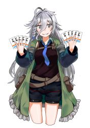Rule 34 | 1girl, absurdres, ahoge, ammunition pouch, bad id, bad pixiv id, belt, bike shorts, black vest, blue necktie, blue shorts, blush, braid, brown shirt, card, coat, collared shirt, cropped legs, eyes visible through hair, fang, girls&#039; frontline, green coat, grey eyes, hair between eyes, hair flaps, highres, holding, holding card, long hair, long sleeves, looking at viewer, messy hair, multiple belts, necktie, open clothes, open coat, parted lips, pouch, rifusutaku, shirt, short shorts, shorts, shorts under shorts, sidelocks, silver hair, single braid, sleeveless, sleeveless shirt, smile, solo, strap, thighs, transparent background, very long hair, vest, wavy mouth, white background, wing collar, xm8 (girls&#039; frontline)