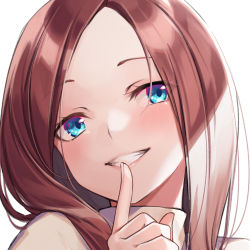 Rule 34 | 1girl, blue eyes, blush, brown hair, close-up, commentary request, eyes visible through hair, facing viewer, finger to mouth, go-toubun no hanayome, hachiroku (hatirokusann86), highres, holding, long hair, nakano miku, open mouth, shirt, simple background, smile, solo, teeth, tray, upper body, white background, white shirt