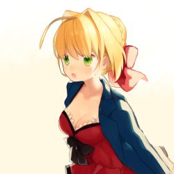 Rule 34 | 10s, 1girl, :o, ahoge, blazer, blonde hair, blue bow, bow, braid, breasts, cleavage, dress, fate/extra, fate (series), french braid, green eyes, hair bow, hair intakes, jacket, medium breasts, munuko, nero claudius (fate), nero claudius (fate) (all), nero claudius (fate/extra), official alternate costume, open clothes, open jacket, open mouth, red dress, sidelocks, solo, upper body