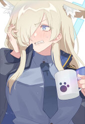Rule 34 | 1girl, angry, animal ears, blonde hair, blue archive, blue eyes, blush, breasts, coffee mug, cup, embarrassed, fangs, highres, jacket, kanna (blue archive), large breasts, mio mio 30, mug, necktie, one eye covered, sharp teeth, teeth