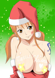 Rule 34 | 1girl, areola slip, bare shoulders, breasts, breasts out, censored, cleavage, dashigara 100, hat, large breasts, long hair, nami (one piece), one piece, orange hair, santa costume, santa hat, smile, tattoo, topless