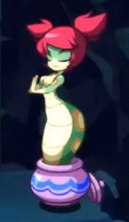 Rule 34 | 1girl, animated, animated gif, blue eyes, breasts, colored sclera, dancing, lamia, lowres, monster girl, pot, red hair, shantae: half-genie hero, shantae (series), short twintails, slit pupils, solo, tuki (shantae), twintails, yellow sclera
