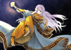 Rule 34 | 1girl, blue eyes, blue gemstone, bridal gauntlets, circlet, closed mouth, convenient leg, dress, fingerless gloves, fingernails, fire emblem, fire emblem: thracia 776, gem, gloves, hair intakes, hand up, highres, holding, holding staff, jewelry, light purple hair, liondance 0220, long hair, looking at viewer, nintendo, outstretched arm, pleated dress, robe, sara (fire emblem), smile, solo, split mouth, staff, stirrup legwear, toe ring, toeless legwear, toenails, very long hair, white robe, wide sleeves, yellow dress