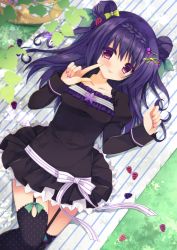 Rule 34 | 1girl, :p, asymmetrical legwear, bad id, bad pixiv id, black dress, black thighhighs, blackberry (fruit), blackberry hair ornament, blanket, blush, bow, braid, collarbone, commentary request, day, dress, finger to cheek, food, food-themed hair ornament, frilled dress, frills, from above, fruit, garter straps, grass, green bow, hair between eyes, hair bow, hair ornament, hair rings, hairpin, hat, index finger raised, juliet sleeves, leaf hair ornament, long hair, long sleeves, looking at viewer, lying, mismatched legwear, nail polish, on back, original, outdoors, polka dot, polka dot legwear, puffy sleeves, purinpurin, purple eyes, purple hair, purple nails, raspberry, raspberry hair ornament, ribbon, shade, solo, striped ribbon, sun hat, tareme, thighhighs, tongue, tongue out, unworn hat, unworn headwear, white ribbon