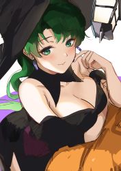 Rule 34 | 1girl, absurdres, bare shoulders, black dress, blush, breasts, cleavage, closed mouth, collarbone, commentary request, dress, earrings, fingernails, fire emblem, fire emblem: the blazing blade, fire emblem heroes, green eyes, green hair, halloween costume, hand up, hat, highres, jewelry, lips, long hair, looking at viewer, lyn (fire emblem), medium breasts, nintendo, ormille, simple background, smile, solo, witch hat