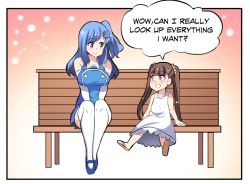 Rule 34 | 2girls, bench, blue eyes, blue hair, blush, breasts, brown hair, closed mouth, comic, dress, hair ornament, hairclip, highres, hinghoi, internet explorer, large breasts, multiple girls, open mouth, original, red eyes, sandals, side ponytail, sitting, sundress, thighhighs, twintails, white legwear