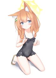 Rule 34 | animal ear fluff, animal ears, bare arms, bare legs, blue archive, blue eyes, blush, braid, breasts, clenched hands, covered navel, dot mouth, flower hair ornament, flying sweatdrops, frilled swimsuit, frills, hair between eyes, hair ornament, hands up, highres, kneeling, langley1000, long hair, mari (blue archive), orange hair, raised eyebrows, sandals, small breasts, spaghetti strap, swimsuit, twin braids, white background
