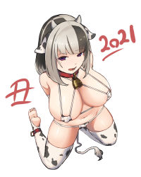 Rule 34 | 1girl, 2021, animal ears, animal print, bell, bikini, breasts, chinese zodiac, cleavage, collar, cow ears, cow girl, cow horns, cow print, cow tail, cowbell, from above, full body, grey hair, highres, horns, kneeling, large breasts, looking at viewer, micro bikini, mole, mole under eye, multicolored hair, navel, neck bell, open mouth, original, pon-co2, purple eyes, soles, streaked hair, swimsuit, tail, thighhighs, toeless legwear, toes, white bikini, white thighhighs, year of the ox