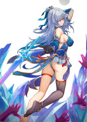 Rule 34 | 1girl, absurdres, anklet, arm up, ass, bare shoulders, black gloves, blue hair, breasts, commentary, detached sleeves, earrings, gloves, highres, honkai: star rail, honkai (series), jewelry, jingliu (honkai: star rail), large breasts, long hair, long sleeves, looking at viewer, luai, pink eyes, simple background, single thighhigh, solo, sword, thigh strap, thighhighs, thighs, very long hair, weapon, white background