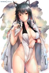 Rule 34 | 1girl, animal ears, arknights, bare shoulders, black hair, blush, breasts, cleavage, collarbone, large breasts, long hair, looking at viewer, one-piece swimsuit, rei kun, solo, swimsuit, texas (arknights), thighs, white one-piece swimsuit, yellow eyes