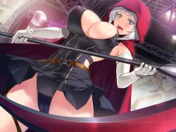 Rule 34 | 1girl, belt, blush, breasts, cameltoe, cape, cleavage, cleft of venus, game cg, gloves, groin, heterochromia, holding, hood, huge breasts, indoors, large breasts, legs, light, looking at viewer, mochizuki nozomu, open mouth, original, panties, red cape, saimin class wonderful, scythe, short hair, solo, standing, thighs, underwear, white gloves, white hair