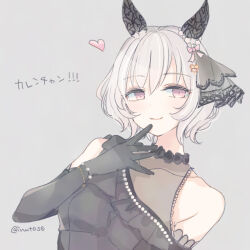 Rule 34 | 1girl, animal ears, bare shoulders, black dress, breasts, closed mouth, curren chan (sakutsuki ma cherie) (umamusume), curren chan (umamusume), dress, ear covers, elbow gloves, gloves, grey background, grey hair, hand up, heart, horse ears, inutose, looking at viewer, pink eyes, short hair, simple background, sleeveless, sleeveless dress, small breasts, smile, solo, twitter username, umamusume, upper body