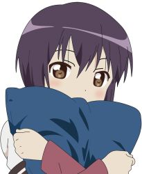 Rule 34 | 1girl, brown eyes, covering face, covering own mouth, covering privates, dress, funami yui, hugging object, looking at viewer, pillow, pillow hug, purple hair, sailor dress, school uniform, serafuku, short hair, simple background, solo, tsukkii, tsukkii (best0picture), white background, yuru yuri