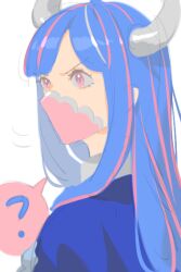 Rule 34 | 1girl, ?, ahoge, blue cape, blue hair, cape, covered mouth, curled horns, dinosaur girl, horns, long hair, mask, mouth mask, multicolored hair, one piece, pink eyes, pink hair, pink mask, raine (acke2445), solo, spoken question mark, streaked hair, ulti (one piece)