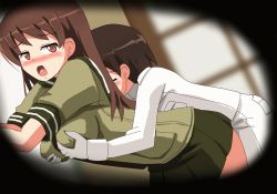 Rule 34 | 10s, 1boy, 1girl, animated, animated gif, blush, grabbing another&#039;s breast, brown eyes, brown hair, clothed sex, doggystyle, closed eyes, gloves, grabbing, green skirt, hangaku, heart, heart-shaped pupils, hetero, implied sex, kantai collection, little boy admiral (kancolle), long hair, ooi (kancolle), open mouth, pants, pleated skirt, sex, sex from behind, skirt, symbol-shaped pupils, white gloves, white pants