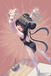 Rule 34 | 1girl, absurdres, arms up, ass, bare shoulders, black dress, black hair, blue archive, china dress, chinese clothes, double bun, dragon print, dress, from behind, full body, grey eyes, hair bun, halo, highres, kisaki (blue archive), long hair, looking back, open mouth, print dress, radio, sleeveless, sleeveless dress, solo, standing, standing on one leg, stretching, sweatdrop, trembling, twintails, yogert chip