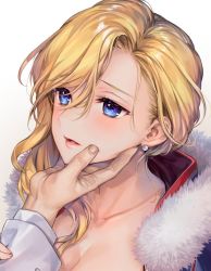 Rule 34 | 1girl, azur lane, blonde hair, blue eyes, blush, breasts, cleavage, collarbone, commentary request, earrings, hand on another&#039;s chin, hood (azur lane), jewelry, kaguyuzu, lips, looking at another, looking away, parted bangs, parted lips, single sidelock, solo focus, upper body