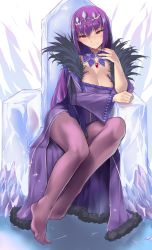 Rule 34 | 1girl, blush, breasts, cleavage, closed mouth, den (kur0 yuki), detached collar, dress, fate/grand order, fate (series), feather trim, feet, hair between eyes, highres, ice, jewelry, large breasts, legs, long hair, long sleeves, looking at viewer, pantyhose, pendant, purple dress, purple hair, purple pantyhose, red eyes, scathach (fate), scathach skadi (fate), sitting, smile, sparkle, throne, tiara, toes, wide sleeves