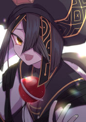 Rule 34 | 1girl, backlighting, bad id, bad pixiv id, black hair, black hat, breasts, bridal gauntlets, brown eyes, chikage (blackclownery), chinese clothes, fate/grand order, fate (series), hair over one eye, hat, highres, long sleeves, looking at viewer, mole, mole under eye, open mouth, robe, short hair, small breasts, smile, solo, space xu fu (fate), white robe, xu fu (fate)