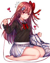 Rule 34 | 1girl, bare legs, barefoot, black sweater, blush, bow, braid, breasts, closed mouth, collared shirt, commentary, girls&#039; frontline, hair between eyes, hair bow, hair ornament, hair ribbon, hairclip, heart, hexagram, highres, holding, holding needle, jacket, unworn jacket, long hair, looking at viewer, military, military uniform, needle, negev (girls&#039; frontline), pink hair, pleated skirt, rangmel, red bow, red eyes, red ribbon, ribbon, seiza, sewing, sewing needle, shirt, simple background, sitting, skirt, solo, star of david, string, string in mouth, string of fate, surprised, sweater, thread, uniform