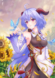 Rule 34 | 1girl, absurdres, ahoge, bare shoulders, bell, benzi li, black legwear, black leotard, blue hair, blush, bodystocking, bodysuit, breasts, bug, butterfly, chinese knot, detached sleeves, flower, flower knot, ganyu (genshin impact), genshin impact, gold trim, groin, highres, horns, insect, legs together, leotard, leotard under clothes, long hair, looking at another, medium breasts, neck bell, no gloves, orange sky, purple eyes, red rope, rope, sidelocks, sky, smile, solo, sunflower, tassel, thighlet, vision (genshin impact), white sleeves