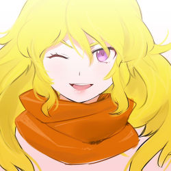 Rule 34 | 1girl, ;), blonde hair, lips, long hair, looking at viewer, naso4, one eye closed, portrait, red scarf, rwby, scarf, smile, solo, wink, yang xiao long