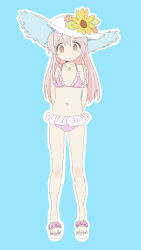Rule 34 | 1girl, arms behind back, bare arms, bare legs, bare shoulders, bikini, blue background, braid, brown eyes, collarbone, commentary, flat chest, flip-flops, flower, frilled bikini, frills, full body, hair between eyes, hat, hat flower, highres, jewelry, long hair, navel, onii-chan wa oshimai!, ooishi (user dfgx5544), outline, oyama mahiro, pendant, pink bikini, pink hair, sandals, side braid, simple background, single braid, solo, standing, stomach, sun hat, swimsuit, white outline