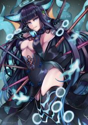 Rule 34 | 1girl, absurdres, armpits, bare shoulders, black dress, black gloves, black headwear, black thighhighs, blue background, blue eyes, blue fire, blunt bangs, breasts, caiman pool, center opening, cleavage, dress, elbow gloves, fate/grand order, fate (series), fire, fish, floral print, flute, gloves, gradient background, hair ornament, halo, hands up, highres, huge filesize, instrument, large breasts, leaf hair ornament, long hair, looking at viewer, purple hair, sash, side slit, smile, solo, thighhighs, thighs, very long hair, yang guifei (fate), yang guifei (third ascension) (fate)