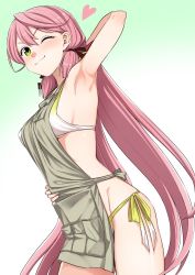 Rule 34 | 1girl, akashi (kancolle), apron, arm up, armpits, bikini, blush, breasts, closed mouth, commentary request, cowboy shot, green bikini, green eyes, hair between eyes, hair ribbon, heart, kantai collection, kumadano, long hair, looking at viewer, low twintails, medium breasts, one eye closed, pink hair, ribbon, side-tie bikini bottom, sideboob, simple background, smile, solo, standing, swimsuit, twintails, very long hair