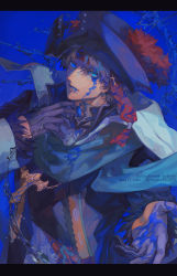 Rule 34 | 1boy, bartholomew roberts (fate), black gloves, black hair, black hat, black vest, blood, blood from mouth, blood on face, blue background, blue blood, blue eyes, collared vest, colored blood, cross, cross necklace, dark-skinned male, dark skin, european clothes, fate/grand order, fate (series), feet out of frame, gloves, gradient hair, hat, highres, jewelry, looking at viewer, male focus, mashuu (neko no oyashiro), multicolored hair, necklace, pants, parted lips, pirate hat, sheath, shirt, short hair, solo, vest, water