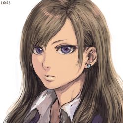 Rule 34 | 1girl, brown hair, closed mouth, collared shirt, earrings, gyaru, jacket, jewelry, lipstick, long hair, looking at viewer, makeup, original, popped collar, portrait, purple eyes, purple jacket, shirt, shu-mai, simple background, solo, white background