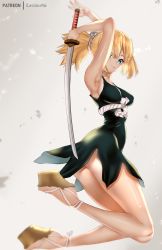 Rule 34 | 1girl, absurdres, armpits, arms up, artist name, ass, bare shoulders, black dress, blonde hair, blue eyes, blurry, breasts, brown footwear, commentary, commentary request, depth of field, dr. stone, dress, english commentary, hair ornament, highres, holding, holding sword, holding weapon, katana, kohaku (dr. stone), legs, long hair, looking at viewer, looking back, medium breasts, narrow waist, parted lips, platform footwear, ponytail, rope, rope belt, sandals, sidelocks, simple background, sleeveless, sleeveless dress, solo, sword, thighs, weapon, white background, zasshu