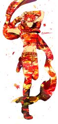 Rule 34 | 1boy, autumn, autumn leaves, bare shoulders, battle tendency, boots, crop top, fingerless gloves, gloves, groin, highres, jojo no kimyou na bouken, joseph joestar, joseph joestar (young), leaf, leaf print, male focus, maple leaf, maple leaf print, midriff, red hair, red theme, sakaikurinea, scarf, smile, solo, standing, standing on one leg, toned, toned male