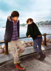 Rule 34 | 2boys, ahoge, ami7, axis powers hetalia, bad id, bad pixiv id, boots, brown eyes, brown hair, casual, cold, day, denim, closed eyes, full body, jacket, jeans, laughing, male focus, multiple boys, ocean, open mouth, outdoors, pants, railing, scarf, shirt, sky, southern italy (hetalia), spain (hetalia)