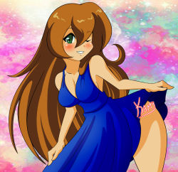 Rule 34 | 1girl, alternate costume, alternate focus, bare arms, bare shoulders, bent over, blue dress, blush, breasts, brown hair, capcom, cleavage, clothes lift, dress, dress lift, green eyes, hair between eyes, highres, iris (mega man), kamira-exe, leaning forward, long hair, looking at viewer, looking to the side, medium breasts, mega man (series), mega man x4, mega man x (series), one eye closed, sideboob, signature, smile, solo, wink