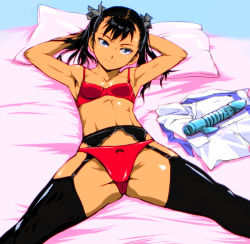 Rule 34 | 1girl, armpits, arms behind head, bed, black garter belt, black hair, black thighhighs, bow, bow panties, bra, breasts, breasts apart, unworn clothes, dark-skinned female, dark skin, flat chest, garter belt, half-closed eyes, head tilt, indoors, kamisimo 90, lingerie, lying, naughty face, navel, original, panties, panties on outside, pillow, red bra, red panties, revision, sex toy, smile, solo, spread legs, stomach, tan, thighhighs, toned, tongue, twintails, underwear, underwear only, vibrator