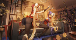 Rule 34 | 2girls, arm up, armpits, ass, azur lane, bodystocking, breasts, calligraphy brush, chao ho (azur lane), chao ho (frolicking flowers verse ii) (azur lane), china dress, chinese clothes, closed eyes, couch, double bun, dress, grey hair, hair bun, high heels, highres, holding calligraphy brush, holding paintbrush, large breasts, long hair, looking at viewer, majiang, manjuu (azur lane), multicolored hair, multiple girls, official alternate costume, on couch, open mouth, outstretched arm, paintbrush, pantyhose, print sleeves, pumps, purple hair, red soles, shoes, sleeveless, sleeveless dress, smile, split-color hair, stiletto heels, thighband pantyhose, two-tone hair, white hair, ying swei (azur lane), ying swei (frolicking flowers verse i) (azur lane)