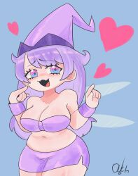 Rule 34 | 1girl, absurdres, amiya aranha, artist name, bare shoulders, betilla (rayman), betilla (rayman) (cosplay), blue eyes, breasts, cleavage, collarbone, commentary, cosplay, english commentary, fairy wings, fangs, hair behind ear, hat, heart, highres, indie virtual youtuber, m/, medium breasts, navel, ouchihitme, pointing, purple eyes, purple hair, purple hat, purple skirt, purple tube top, rayman (series), skin fangs, skirt, solo, strapless, thick thighs, thighs, tube top, two-tone eyes, virtual youtuber, wide hips, wings, wristband