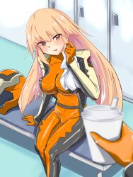 Rule 34 | 1girl, 1other, absurdres, bench, blonde hair, blurry, bodysuit, breasts, brooklyn (kancolle), commentary, commentary request, commission, cosplay, depth of field, english commentary, feet out of frame, gloves, gundam, gundam seed, helmet, highres, impossible clothes, kantai collection, large breasts, locker, long hair, mixed-language commentary, orange bodysuit, orange gloves, pilot suit, red eyes, skeb commission, solo focus, timosan, towel, tumbler, unworn headwear, unworn helmet