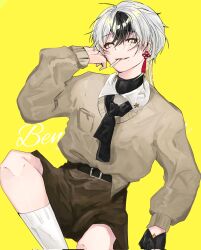 Rule 34 | 1boy, bishounen, black gloves, black hair, cigarette, earrings, gloves, hand up, highres, jewelry, male focus, multicolored hair, neckerchief, necktie iv14, original, short hair, shorts, simple background, socks, solo, streaked hair, thighs, white hair, yellow background