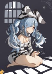 Rule 34 | 1girl, absurdres, animal ears, bare legs, bare shoulders, barefoot, blue hair, braid, brown eyes, chain, collar, extra ears, full body, hat, highres, holding, hololive, long hair, long sleeves, looking at viewer, metal collar, multicolored hair, non-web source, off shoulder, page number, parted lips, prison clothes, rabbit ears, rabbit girl, rabbit tail, shirt, solo, striped clothes, striped headwear, striped shirt, tail, thick eyebrows, twin braids, twintails, two-tone hair, usada pekora, usada pekora (prisoner), virtual youtuber, white hair