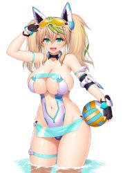 Rule 34 | 1girl, :d, absurdres, aqua eyes, arm strap, arm up, armpits, asamura hiori, ball, bare shoulders, black gloves, blonde hair, blush, breasts, cleavage, clothing cutout, collarbone, cowboy shot, elbow pads, eyewear on head, fingerless gloves, gene (pso2), gloves, green hair, groin, hair between eyes, headgear, highres, holding, holding ball, large breasts, long hair, looking at viewer, multicolored hair, navel, one-piece swimsuit, open mouth, phantasy star, phantasy star online 2, shiny skin, sidelocks, simple background, single elbow pad, skindentation, smile, solo, standing, stomach, stomach cutout, strapless, strapless one-piece swimsuit, streaked hair, sunglasses, swimsuit, thigh strap, twintails, two-tone hair, volleyball, volleyball (object), wading, water, white background, white one-piece swimsuit