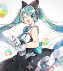 Rule 34 | 1girl, ;d, aqua necktie, bare arms, bare shoulders, black bow, black dress, blue eyes, blue hair, blush, bow, cowboy shot, dress, floating hair, foreshortening, grey background, hair bow, hatsune miku, headphones, long hair, looking at viewer, magical mirai (vocaloid), magical mirai miku, magical mirai miku (2016), matching hair/eyes, necktie, one eye closed, open mouth, simple background, sleeveless, sleeveless dress, smile, solo, tatsumi3, twintails, very long hair, vocaloid, wind