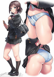 Rule 34 | 1girl, ass, bag, black footwear, black jacket, black skirt, black socks, blazer, blouse, blue eyes, blue panties, bow, bow panties, bowtie, brown hair, cellphone, clothes lift, collared shirt, commentary request, full body, highres, holding, holding phone, jacket, kneehighs, lifted by self, loafers, long sleeves, looking at viewer, miniskirt, multiple views, original, panties, parted lips, phone, pleated skirt, school bag, school uniform, shimazu tekkou, shirt, shoes, short hair, shoulder bag, simple background, skirt, skirt lift, smartphone, socks, standing, stuffed animal, stuffed toy, teddy bear, thighs, underwear, white background, white shirt, zoom layer